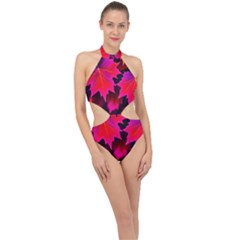 Leaves Purple Autumn Evening Sun Abstract Halter Side Cut Swimsuit by Ravend