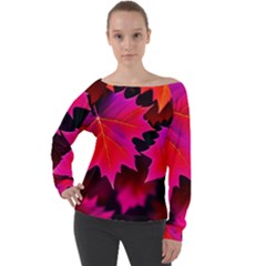 Leaves Purple Autumn Evening Sun Abstract Off Shoulder Long Sleeve Velour Top by Ravend