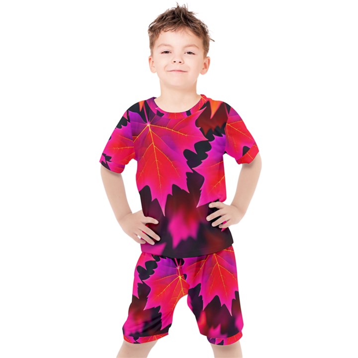 Leaves Purple Autumn Evening Sun Abstract Kids  Tee and Shorts Set