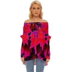 Leaves Purple Autumn Evening Sun Abstract Off Shoulder Chiffon Pocket Shirt by Ravend