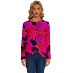 Leaves Purple Autumn Evening Sun Abstract Long Sleeve Crew Neck Pullover Top by Ravend