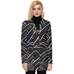 Black Coconut Color Wavy Lines Waves Abstract Button Up Hooded Coat  by Ravend