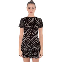 Black Coconut Color Wavy Lines Waves Abstract Drop Hem Mini Chiffon Dress by Ravend