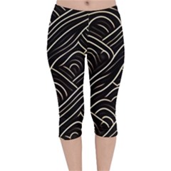 Black Coconut Color Wavy Lines Waves Abstract Velvet Capri Leggings  by Ravend