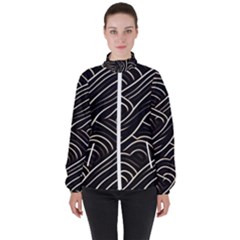 Black Coconut Color Wavy Lines Waves Abstract Women s High Neck Windbreaker by Ravend