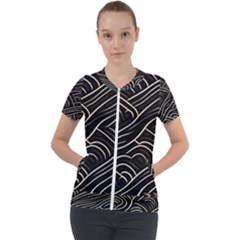 Black Coconut Color Wavy Lines Waves Abstract Short Sleeve Zip Up Jacket by Ravend