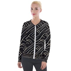 Black Coconut Color Wavy Lines Waves Abstract Velvet Zip Up Jacket by Ravend