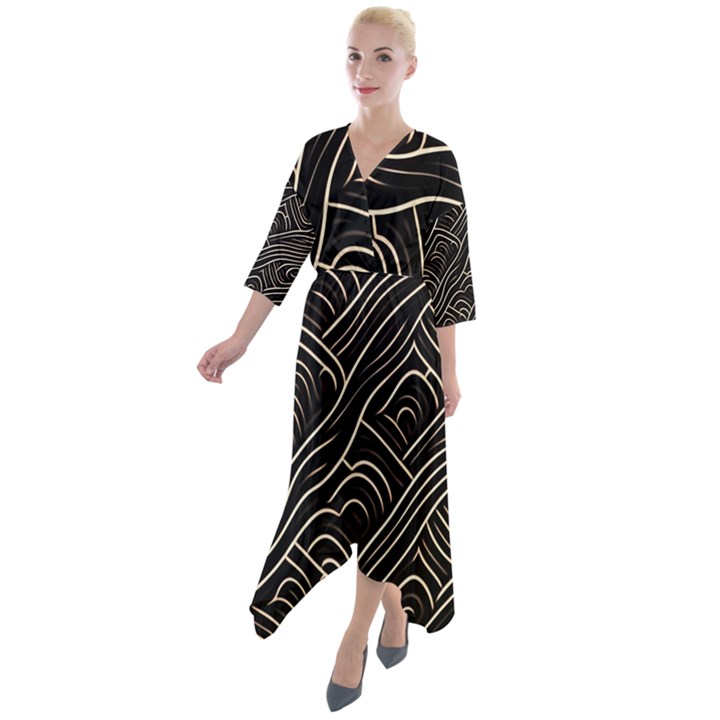 Black Coconut Color Wavy Lines Waves Abstract Quarter Sleeve Wrap Front Maxi Dress