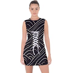 Black Coconut Color Wavy Lines Waves Abstract Lace Up Front Bodycon Dress by Ravend