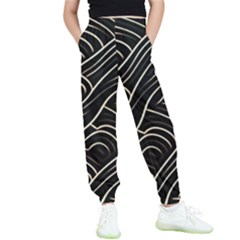 Black Coconut Color Wavy Lines Waves Abstract Kids  Elastic Waist Pants by Ravend