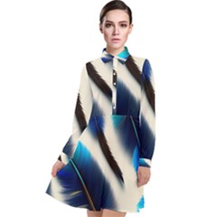 Feathers Pattern Design Blue Jay Texture Colors Long Sleeve Chiffon Shirt Dress by Ravend