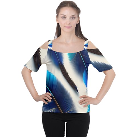 Feathers Pattern Design Blue Jay Texture Colors Cutout Shoulder Tee by Ravend