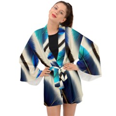 Feathers Pattern Design Blue Jay Texture Colors Long Sleeve Kimono by Ravend