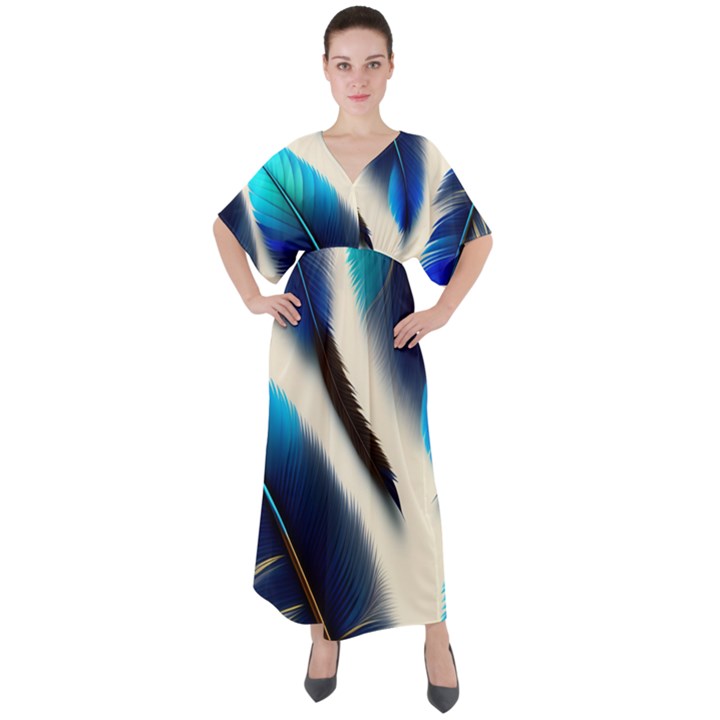 Feathers Pattern Design Blue Jay Texture Colors V-Neck Boho Style Maxi Dress