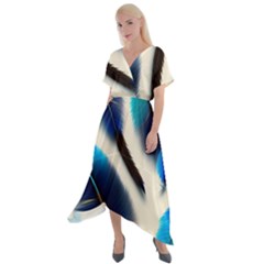 Feathers Pattern Design Blue Jay Texture Colors Cross Front Sharkbite Hem Maxi Dress by Ravend