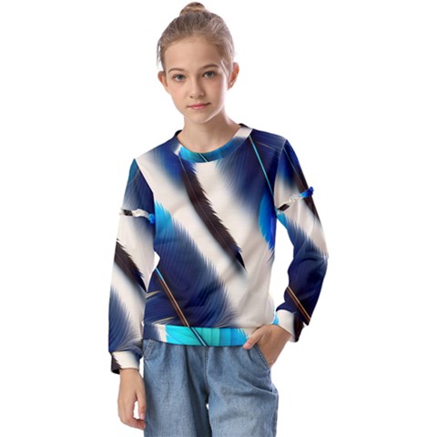 Feathers Pattern Design Blue Jay Texture Colors Kids  Long Sleeve Tee With Frill  by Ravend