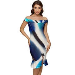 Feathers Pattern Design Blue Jay Texture Colors Off Shoulder Ruffle Split Hem Bodycon Dress by Ravend