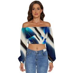 Feathers Pattern Design Blue Jay Texture Colors Long Sleeve Crinkled Weave Crop Top