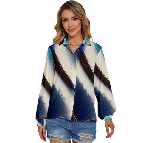 Feathers Pattern Design Blue Jay Texture Colors Women s Long Sleeve Button Down Shirt by Ravend