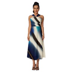 Feathers Pattern Design Blue Jay Texture Colors Sleeveless Cross Front Cocktail Midi Chiffon Dress by Ravend