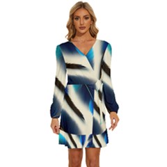 Feathers Pattern Design Blue Jay Texture Colors Long Sleeve Waist Tie Ruffle Velvet Dress by Ravend