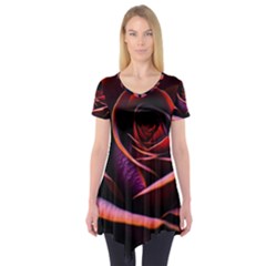 Purple Flower Rose Flower Black Background Short Sleeve Tunic  by Ravend