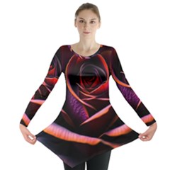 Purple Flower Rose Flower Black Background Long Sleeve Tunic  by Ravend