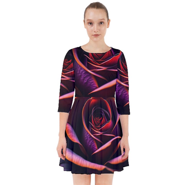 Purple Flower Rose Flower Black Background Smock Dress