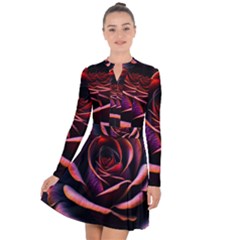 Purple Flower Rose Flower Black Background Long Sleeve Panel Dress by Ravend