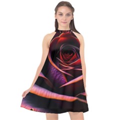 Purple Flower Rose Flower Black Background Halter Neckline Chiffon Dress  by Ravend