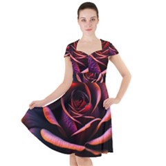 Purple Flower Rose Flower Black Background Cap Sleeve Midi Dress by Ravend