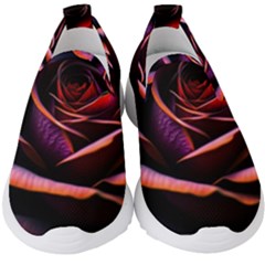 Purple Flower Rose Flower Black Background Kids  Slip On Sneakers by Ravend