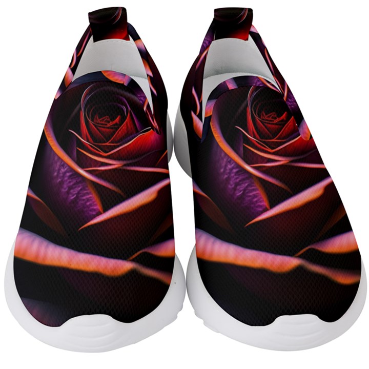 Purple Flower Rose Flower Black Background Kids  Slip On Sneakers