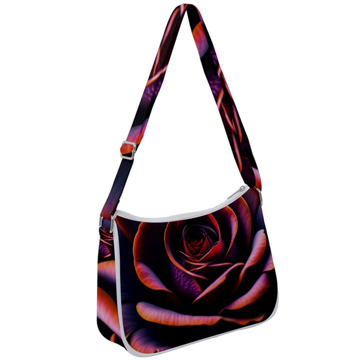 Purple Flower Rose Flower Black Background Zip Up Shoulder Bag