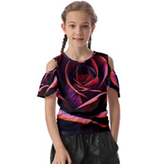 Purple Flower Rose Flower Black Background Kids  Butterfly Cutout Tee by Ravend