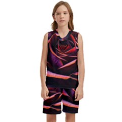 Purple Flower Rose Flower Black Background Kids  Basketball Mesh Set by Ravend