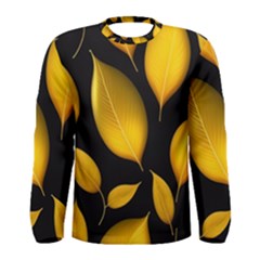 Leaves Foliage Pattern Metallic Gold Background Men s Long Sleeve Tee by Ravend