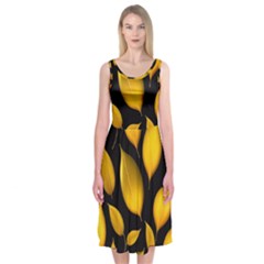 Leaves Foliage Pattern Metallic Gold Background Midi Sleeveless Dress by Ravend