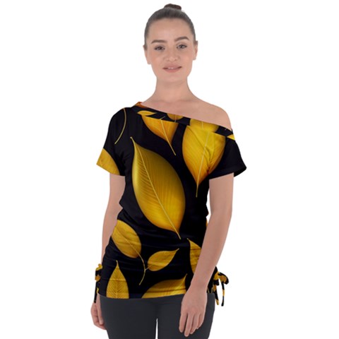 Leaves Foliage Pattern Metallic Gold Background Off Shoulder Tie-up Tee by Ravend