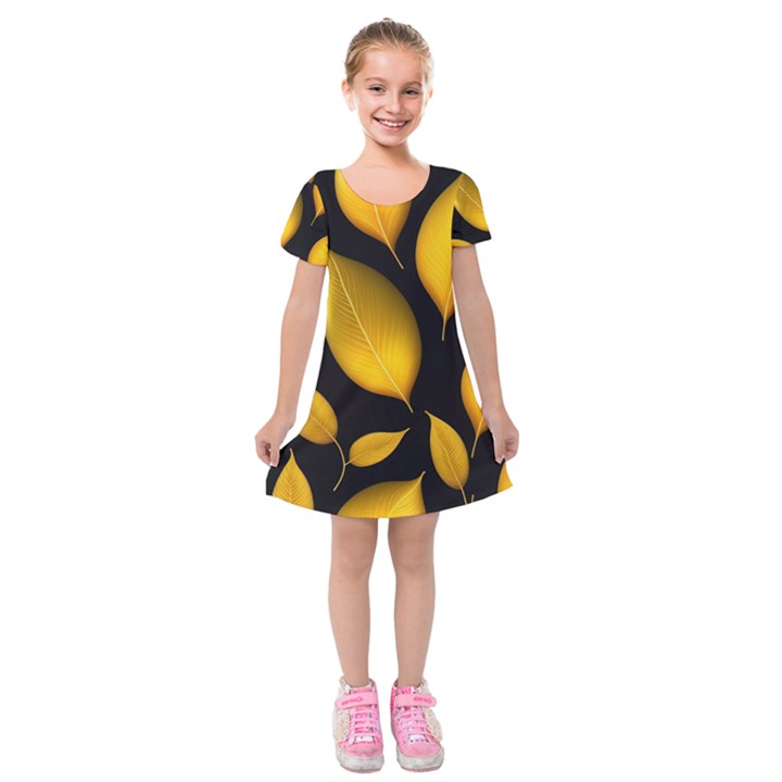 Leaves Foliage Pattern Metallic Gold Background Kids  Short Sleeve Velvet Dress