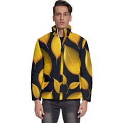 Leaves Foliage Pattern Metallic Gold Background Men s Puffer Bubble Jacket Coat by Ravend