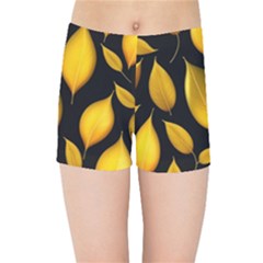 Leaves Foliage Pattern Metallic Gold Background Kids  Sports Shorts