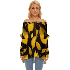 Leaves Foliage Pattern Metallic Gold Background Off Shoulder Chiffon Pocket Shirt by Ravend