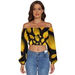 Leaves Foliage Pattern Metallic Gold Background Long Sleeve Crinkled Weave Crop Top