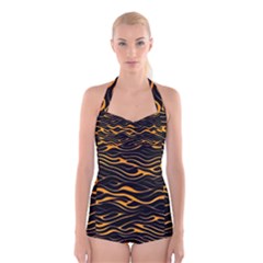 Waves Pattern Golden 3d Abstract Halftone Boyleg Halter Swimsuit  by Ravend