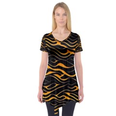 Waves Pattern Golden 3d Abstract Halftone Short Sleeve Tunic  by Ravend