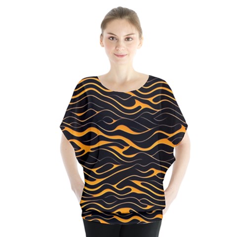 Waves Pattern Golden 3d Abstract Halftone Batwing Chiffon Blouse by Ravend