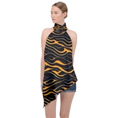 Waves Pattern Golden 3d Abstract Halftone Halter Asymmetric Satin Top by Ravend