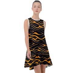 Waves Pattern Golden 3d Abstract Halftone Frill Swing Dress by Ravend