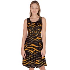 Waves Pattern Golden 3d Abstract Halftone Knee Length Skater Dress With Pockets by Ravend